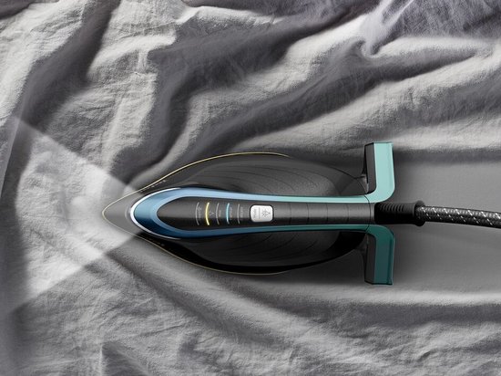 Bovenaanzicht van het Tefal Pro Express Vision strijkijzer op een grijze stof.