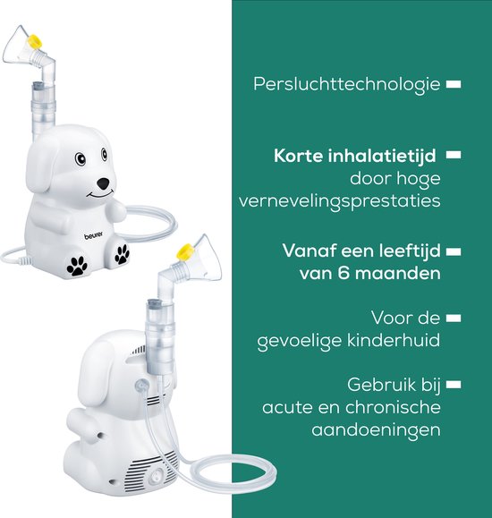 Twee witte hond inhalatoren met teksten over persluchttechnologie, korte inhalatietijd, vanaf 6 maanden en gebruik bij acute en chronische aandoeningen.