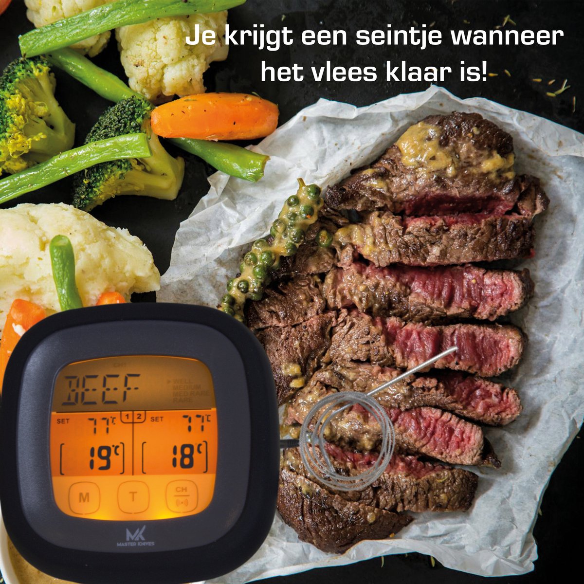 Master knives Digitale BBQ Thermometer met 2 Meetsondes - Vleesthermometer met Timer - Keukenthermometer tot 250 Graden — cadeau in Kookcadeaus - foto 2