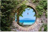 Tuinposter doorkijk - Strand - Zee - Tropisch - Natuur - Strandstoel - Tuin - Tuindecoratie - Tuinschilderij voor buiten - Tuindoek - 120x80 cm - Schuttingdoek - Schutting decoratie - Wanddecoratie buiten