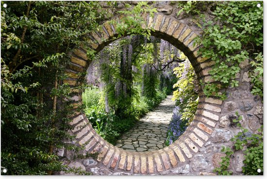 Tuinposters - Tuindecoratie - Doorkijk - Bloemen - Planten - Natuur - 120x80 cm - Tuin decoratie - Schutting decoratie - Tuinposter - Schuttingdoek - Buitenposter - Tuinversiering - Balkon decoratie - Tuinschilderij