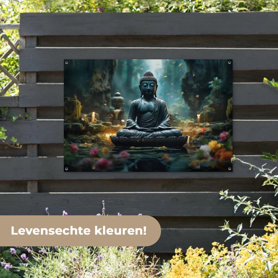 Tuinposter Boeddha - Tuindecoratie Buddha beeld - 120x80 cm - Tuindoek - Muurdecoratie voor buiten - Schuttingposter - Tuinschilderijen Japan zen - Tuinwanddecoratie - Tuinposters