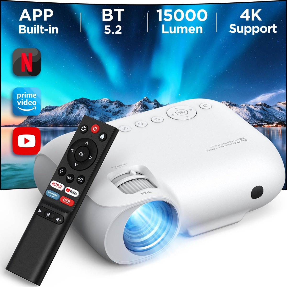 Beroli - YOTON Beamer 4K WiFi Bluetooth - Ingebouwde 1080P Full HD-compatibele 4K-projector - 450 ANSI-lumen - Geïntegreerd met Netflix/Prime Video/YouTube - Y9 Thuisbioscoopprojector - Compatibel met Fire Stick, Smartphone, PS5