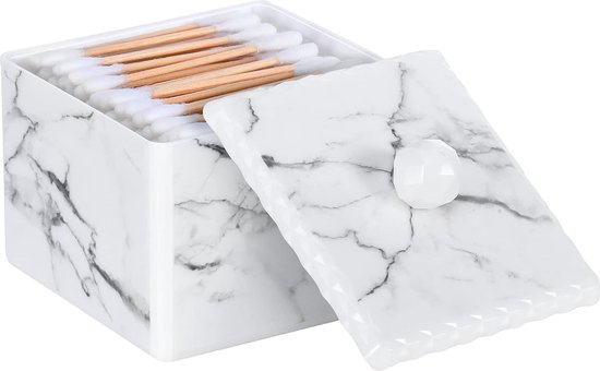 Foto: Opbergdoos voor wattenstaafjes organizer voor cosmetica opbergdoos met deksel ps kleine oorstaafjes dispenser badkamer make uptafelbox voor wattenballen make up sponzen marmer 