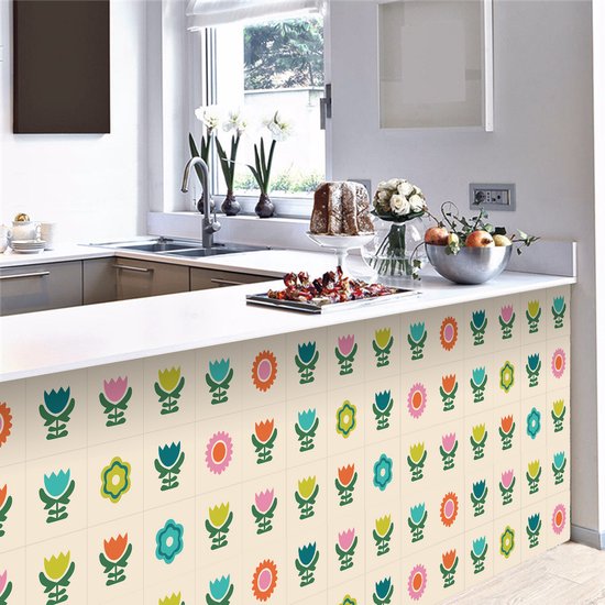 Ulticool Décoration carrelages Autocollant - Fleurs Vintage Rétro - 15x15 cm - 15 pièces Autocollants de Carrelage en Film Adhésif - Stickers Stickers muraux Carrelage Autocollant - Sticktiles - Salle de Bain - Cuisine