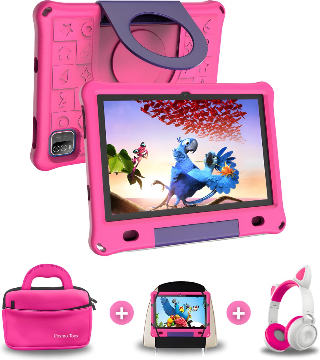 CosmoToys® Kids Tablet Kinderen PRO - Incl. Koptelefoon + Luxe Opbergtas + Tablethouder Auto - Kindertablet - Vanaf 3 Jaar - 10 Inch - Android 12 - Ouderlijk Toezicht - 6000 mAh - Roze