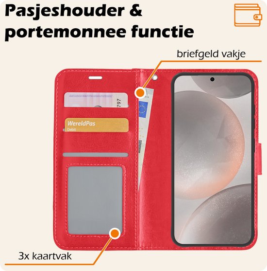 Hoes - Met Pasjeshouder - Geschikt voor Samsung Galaxy S24 Plus - Luxe Bookcase Portemonee - Flip Case - Kunstleer Book Case - Flipcase - Book Cover - Walletcase - PortemonneeHoes - Rood