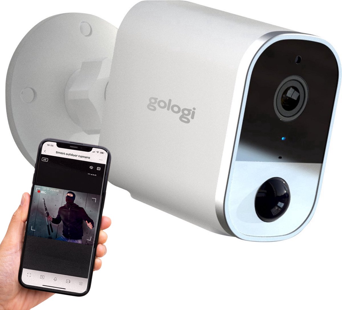 Gologi draadloze camera op accu - Beveiligingscamera - Met nachtzicht - WiFi camera - Security camera - Oplaadbaar - Nederlandstalige app - Wit
