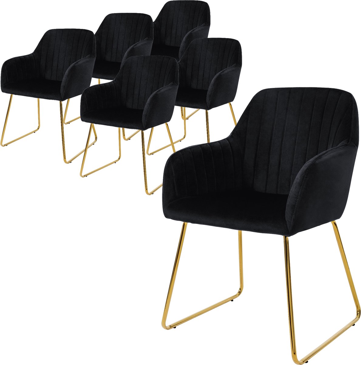 ml-design eetkamerstoelen set van 6, fluwelen zitting, zwart, woonkamerstoel met rugleuning en armleuningen, keukenstoel met gouden poten, gestoffeerde stoel met metalen frame, ergonomische armstoe