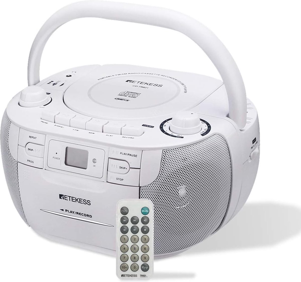 Beroli - Retekess TR621 - Draagbare CD-speler Boombox Stereo met AM FM-radio - Cassetterecorder met Opnamefunctie - Ondersteuning voor USB/TF/Hoofdtelefoon - met Afstandsbediening (wit)