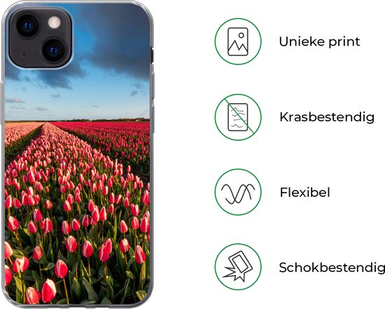 iPhone 13 hoesje met een veld met roze en rode tulpen. Unieke print, krasbestendig, flexibel en schokbestendig.
