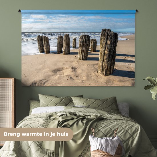 Wandkleed - Wanddoek - Zand - Strand - Paal - Water - Zomer - 180x120 cm - Wandtapijt