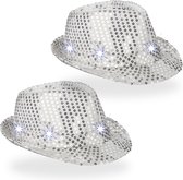 Relaxdays glitter hoed - set van 2 - lichtgevend - met led - pailletten - feest - zilver