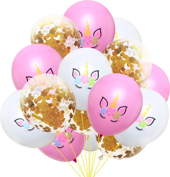 Ballonnen Unicorn verjaardag versiering set 15 stuks Eenhoorn ballonnen in wit, roze en goud met papieren confetti
