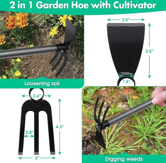 Dubbele tuinhak met 78 cm drietand, stalen tweekoppige schoffel voor ...