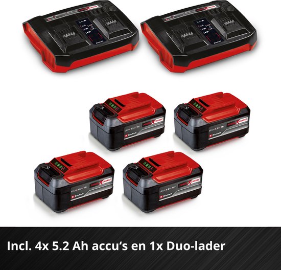 Twee rode en zwarte Duo-laders en vier rode accu's met tekst 'Incl. 4x 5.2 Ah accu's en 1x Duo-lader'.