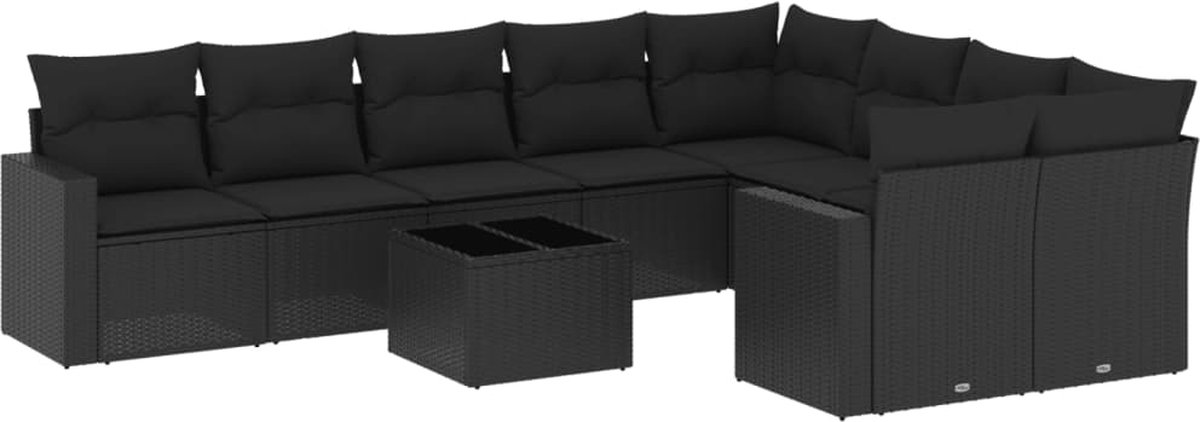 vidaXL 10-delige - Loungeset - met - kussens - poly - rattan - zwart