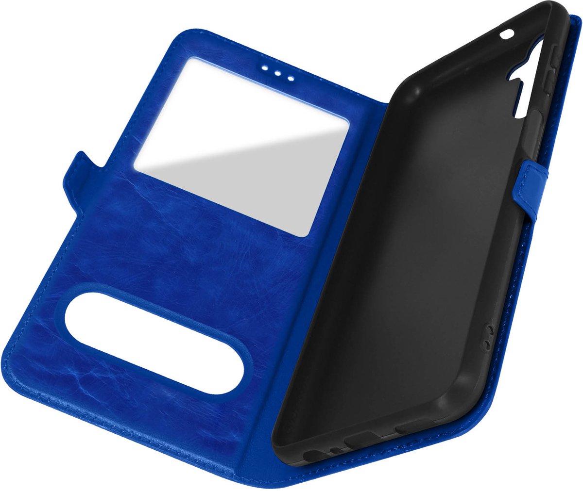 Avizar Étui pour Geschikt voor Samsung Galaxy A14 4G et 5G Fenêtre Support Vidéo, Blauw