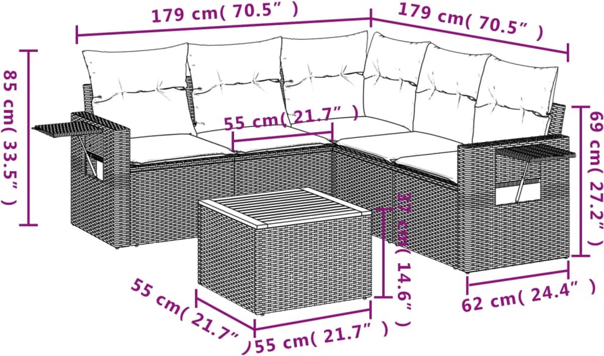 vidaXL - 6-delige - Loungeset - met - kussens - poly - rattan - beige thumbnail 3