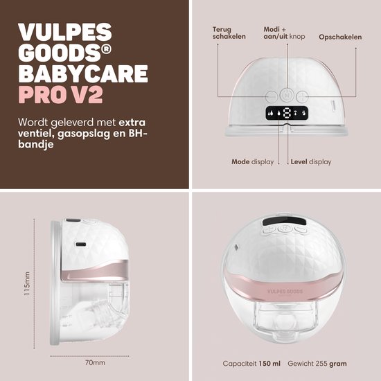 Vulpes Goods® BabyCare - Dubbele Elektrische Draadloze Borstkolf - Handsfree & Draagbaar - met APP bediening - BPA-Vrij - Incl. Borstschildverkleiners, 60 Moedermelk Bewaarzakjes, Reistas & Kolfdagboek - PRO V2 van Vulpes Goods® — afbeelding 5