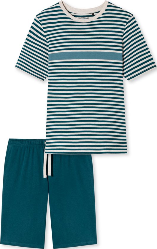 SCHIESSER Casual Nightwear pyjamaset - heren pyjama short organic cotton strepen jeans blauw - Maat: XXL