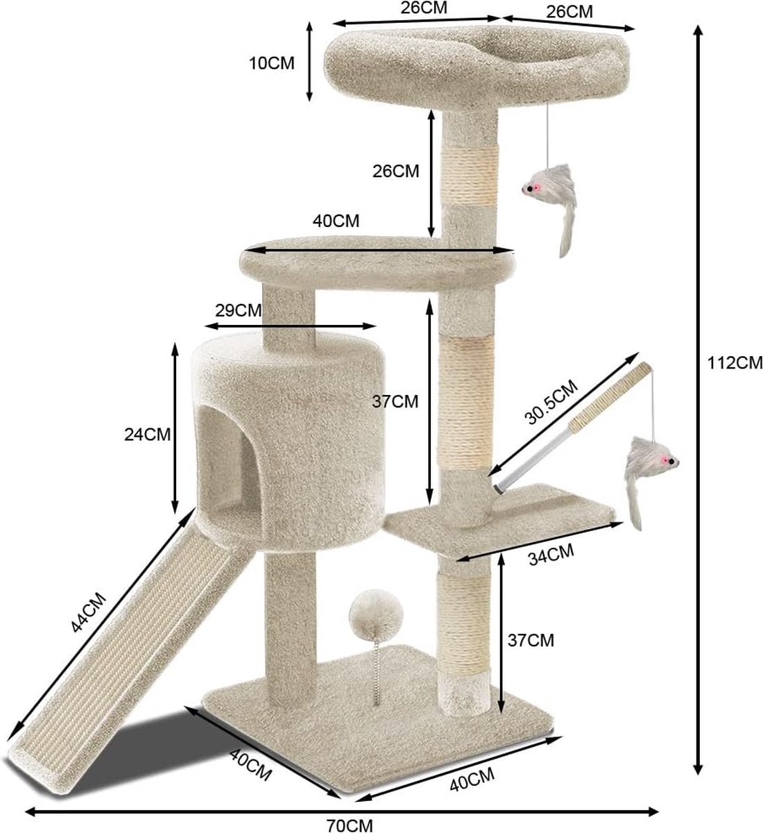 Krabpaal met kattenhuis 110 cm hoog in crème