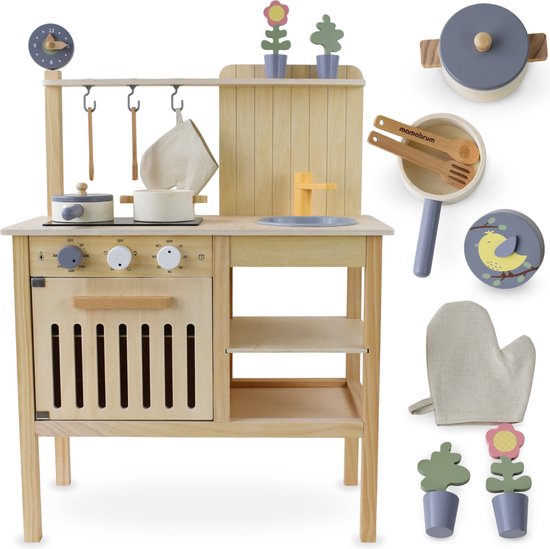 Mamabrum houten kinderkeuken 3+ jaar, speelgoed, tuinkeuken in boho-stijl met accessoires, kinderkeuken om thuis en in de tuin te spelen, rollenspelen - kok