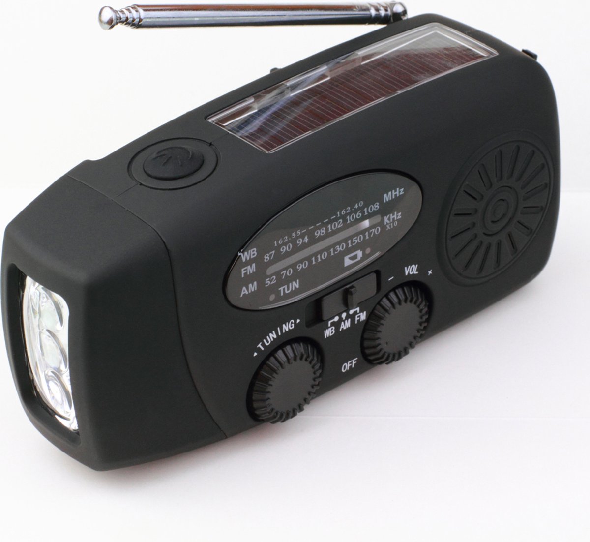 Draagbare Noodradio - Noodradio - Powerbank 2000 mAh - Zaklamp - Solar Opwindbaar - SOS alarm -USB kabel - Noodpakket - Kunstof - Zwart