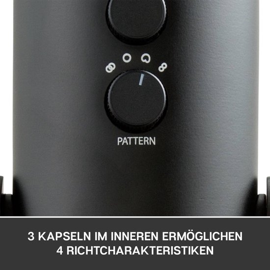 Gros plan sur la molette de réglage "PATTERN" d'un microphone noir