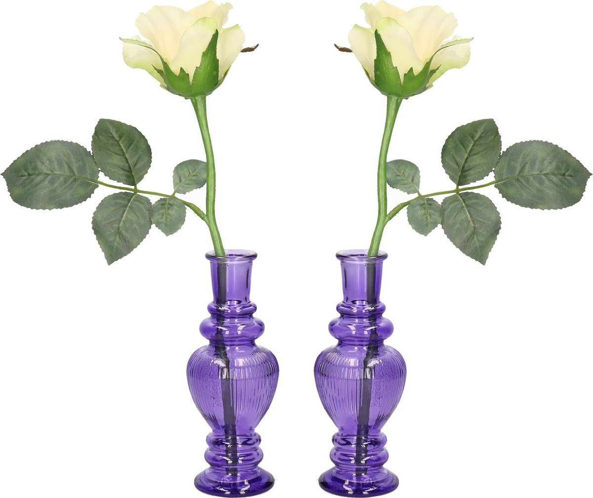 Ideas 4 Seasons Bloemenvaas Venice - 2x - voor kleine stelen/boeketten - gekleurd sierglas - ribbel paars - D5.7 x H15 cm