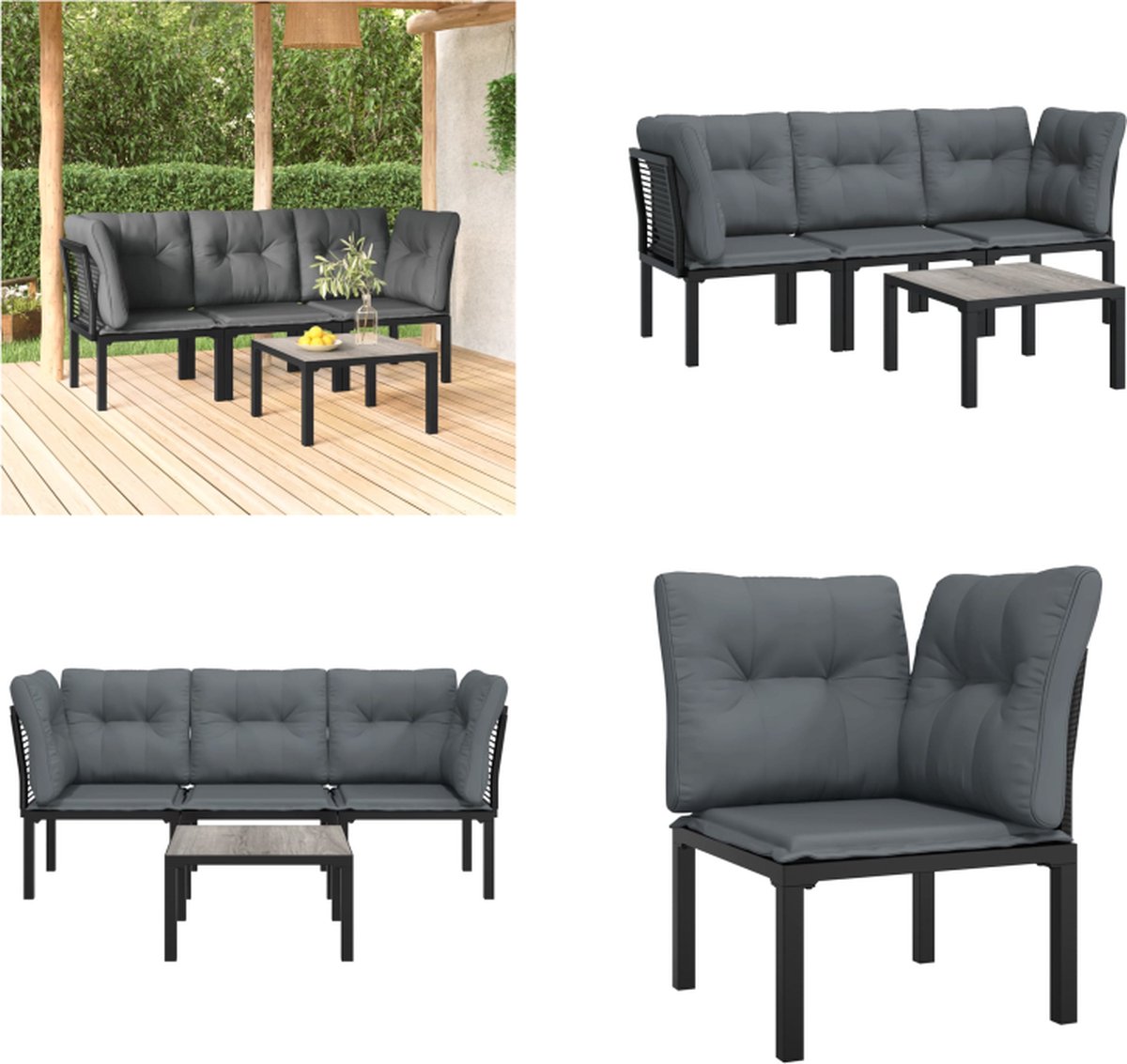 vidaXL 4-delige - Loungeset - poly - rattan - zwart - en - grijs