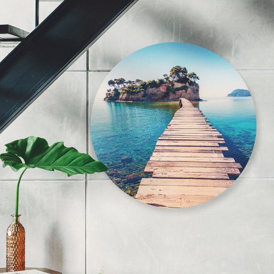 Artaza Forex Muurcirkel Pad Op Het Water Naar Een Grieks Eiland - 40x40 cm - Klein - Wandcirkel - Rond Schilderij - Wanddecoratie Cirkel