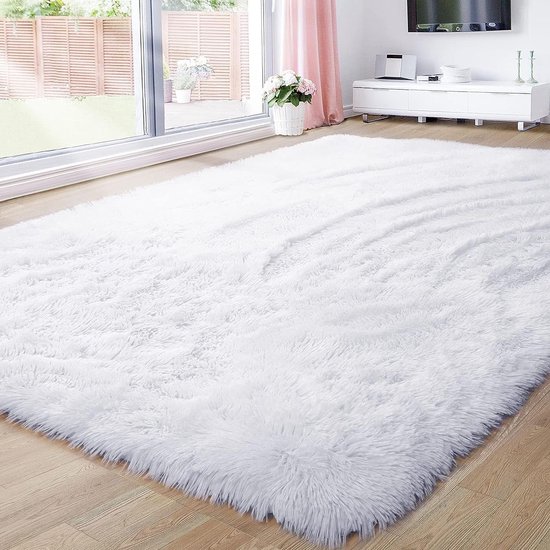 Tapijt Shaggy Hoogpolig tapijt voor woonkamer, hoogpolig, hoogwaardig, zeer onderhoudsvriendelijk, draaddichtheid, water, indoor vloermat voor eetkamer, slaapkamer (premium wit, 60 x 100 cm)