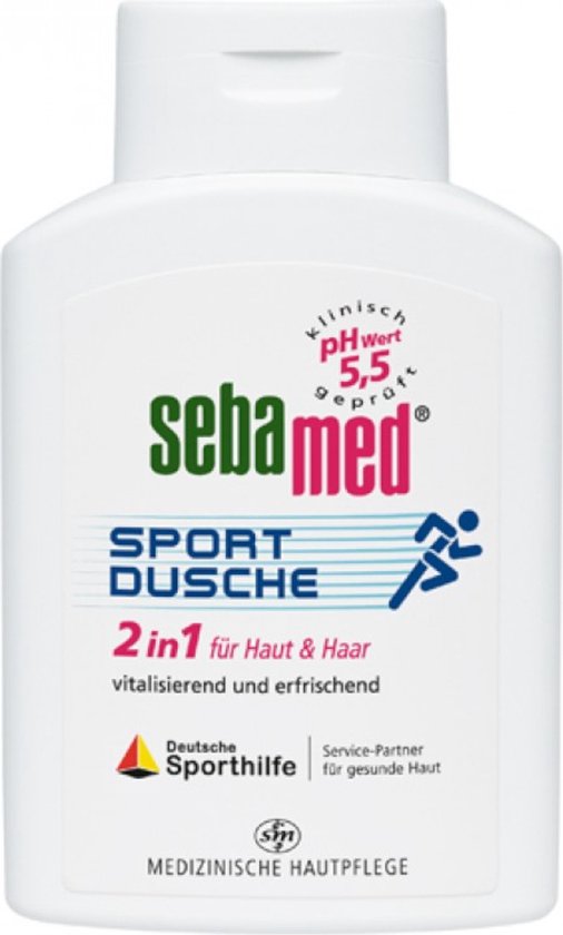 Sebamed Sportdouche 2in1 voor huid en haar. Witte fles met blauwe en rode tekst, en een hardloper-icoon.