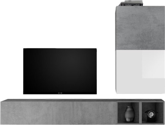 TV-wandmeubel Anderson in hoogglans wit met grijs beton