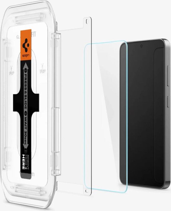 Un kit d'installation Spigen Glas.tR EZ Fit avec un protecteur d'écran pour smartphone et un téléphone.