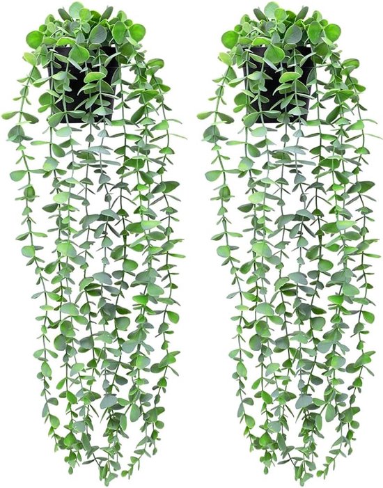 2 stuks kunstmatige potplanten, hangende eucalyptusplanten in pot, namaak-eucalyptusplanten, potplanten met pot, kunstmatige hangplant, groene wijnstokken voor binnen, buiten, muur, decoratie