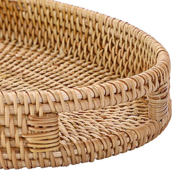 IGNPION Ronde rotan geweven dienblad 24,5 cm decoratieve display lade gasthanddoek opbergschalen met handvat tafel desktop organizer lade voor koffie, drank, ontbijt, thee, kaars whitewash