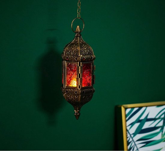 Marokkaanse Kaars Lantaarn Opknoping Theelicht Kandelaars Metalen & Glas Ramadan Lamp Bruin Decoratieve Lantaarns voor Kaarsen voor Woonkamer Balkon Patio Halloween Kerstversiering, 1 Stuk