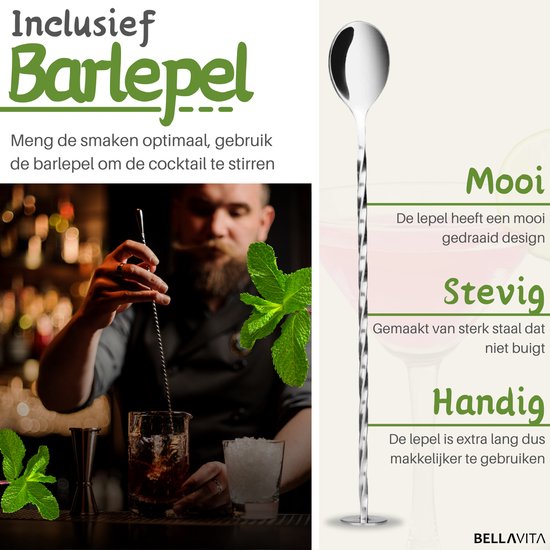 BELLAVITA ® Cocktail Set - 16-delig - 750ml - Cocktail shaker - Cocktailset - Cocktailshaker - Bartender set - Maatbeker - RVS - Bamboe - Drank - Drankjes maken - Feest