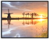 Molen zon fotolijst met glas 40 x 50 cm - Prachtige kwaliteit - zonsopkomst - Nederland - kanaal - Glazen plaat - inclusief ophangsysteem - Poster - Foto op hoge kwaliteit uitgeprint