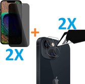 2X Privacy Scherm Tempered Glass Screen Protector Anti-Spy + 2X Camera lens Beschermer Transparant Geschikt voor: Apple iPhone 15