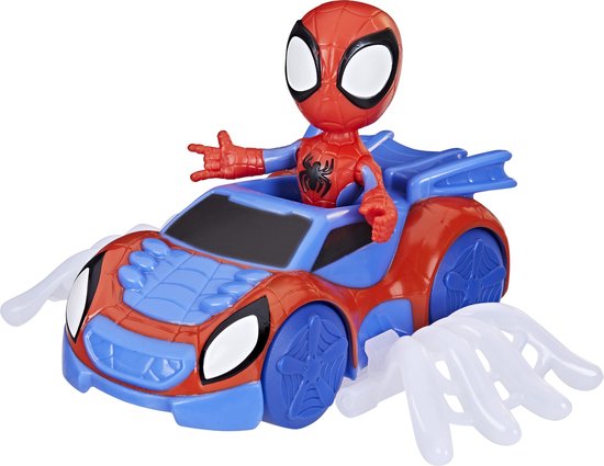 Spider-Man-actiefiguurtje in een rood-blauwe racewagen met opvallende witte webvleugels.