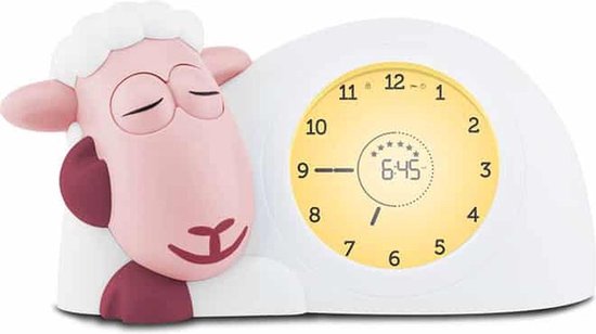 Sam Slaaptrainer, roze wangen, met gele klok 6:45, 'nog heel eventjes'.