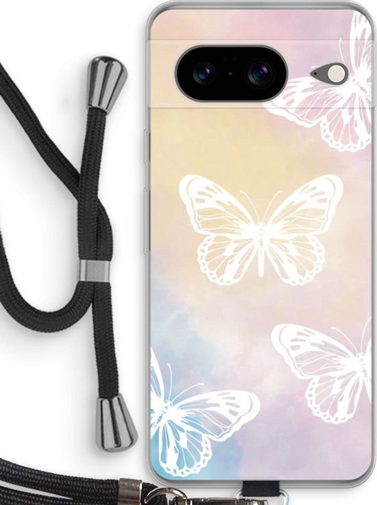 Gedetailleerde foto van een telefoonhoesje met vlinderprint en zwart koord.