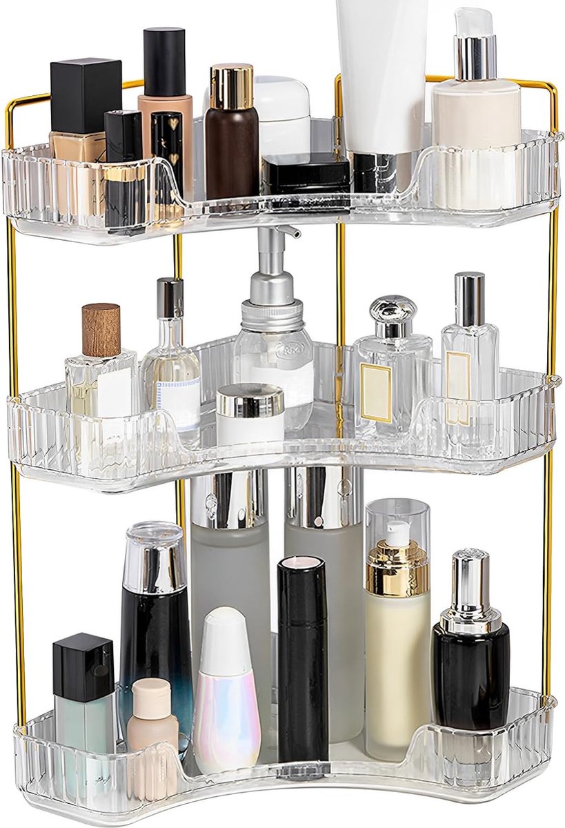 Make-up organizer, 3 verdiepingen, verstelbaar, cosmetica, huidverzorging, organizer, grote capaciteit, opbergdoos, desktop, make-up, carrousel voor commode en badkamer (driehoekig-B)