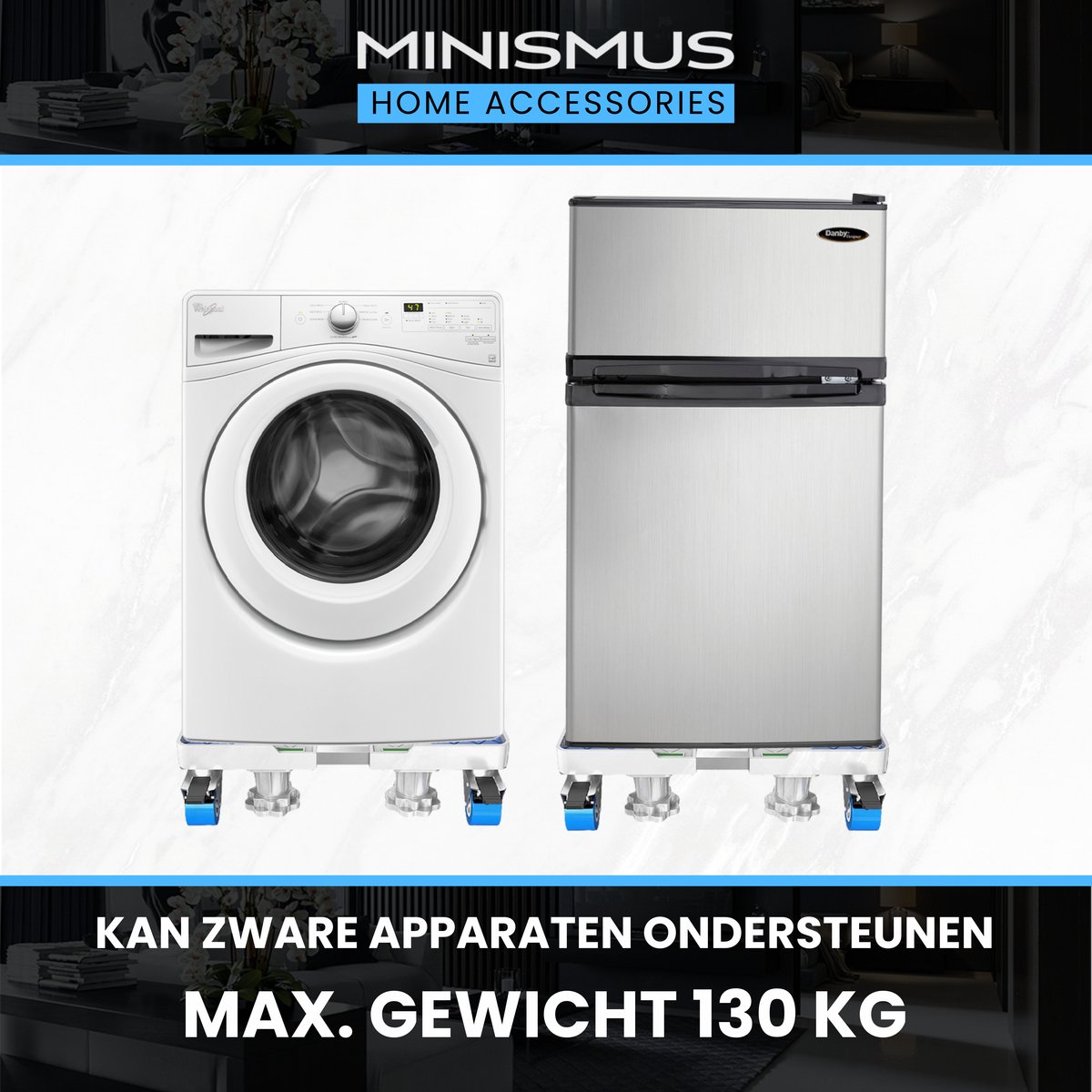 Waschmaschinen-Untergestell mit Heberollen statt Bremsrollen–Schiene, Antivibrations-Pads, Sockel & Podest,Handgriffen,schleuderstabil,bis 500 kg, inkl. Wasserwaage (für Fußtiefe 33–53 cm),Höhe 4,3 cm