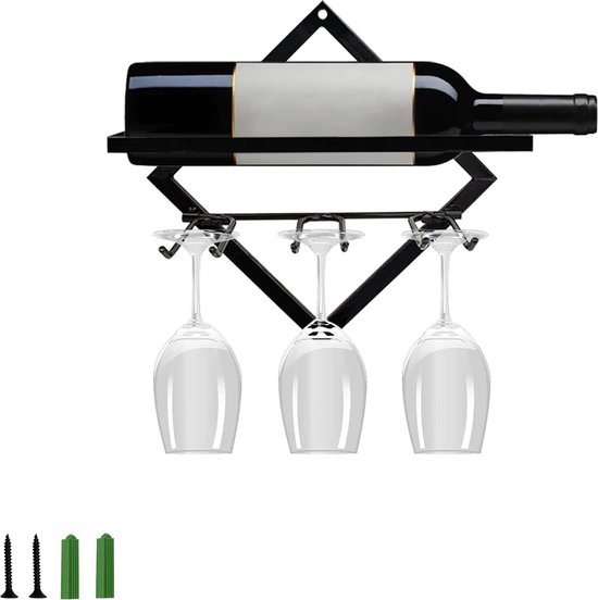 Industrieel wijnopbergrek met LED-licht en glashouder Wandgemonteerde drankfles Display Plank voor keuken zwart metaal drijvende wandplank met hangende planken
