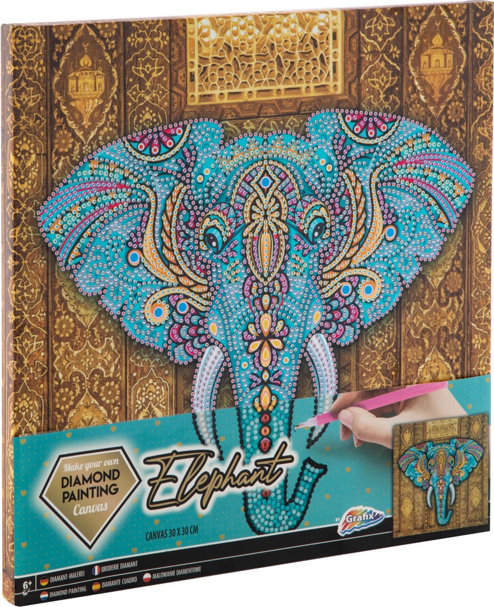Grafix Diamond Painting Op Canvas | Olifant | Formaat 30x30cm | diamond painting pakket volledig | Thema Dieren | Diamond painting op canvas | Inclusief Diamond painting pen en schudbakje | Eindresultaat ophangen aan de muur — afbeelding 10