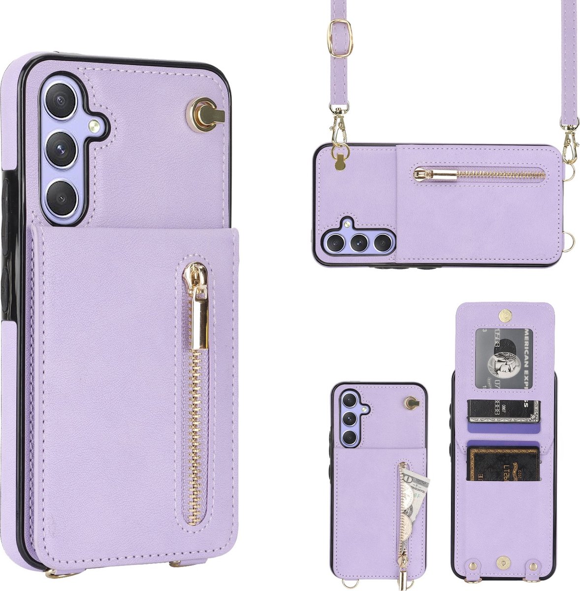 Hoesje geschikt voor Samsung Galaxy A55 Hoesje met Koord - Solidenz A55 Wallet Case Cover - Telefoonhoes - Backcover met Koordje - Cord Case - Lanyard - Hoesje A55 - Violet